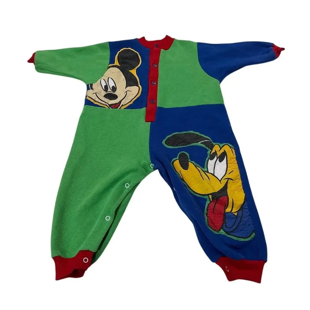 Vintage Disney Mickey Mouse 90s Colorblock One Piece Romper Outfit Retro 24M